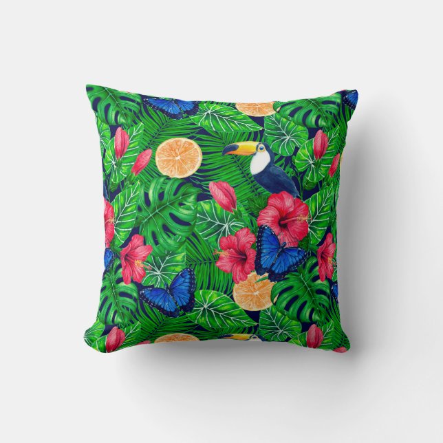 Coussin Aquarelle de jardin toucan et tropical (Recto)