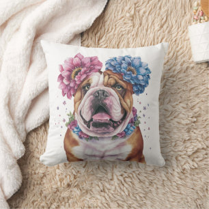 Coussin Aquarelle de la couronne de fleurs Buldog Imprimer