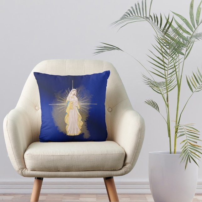 Coussin Aquarelle de la Nativité Bleue Noël (Créateur téléchargé)