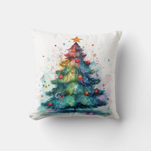 Coussin Aquarelle de Noël décorative Arbre noir