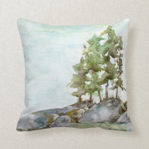 Coussin Aquarelle de peinture sur roches et pins BWCAW
