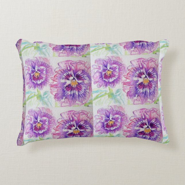 Coussin aquarelle de pensées violettes et roses (Devant)