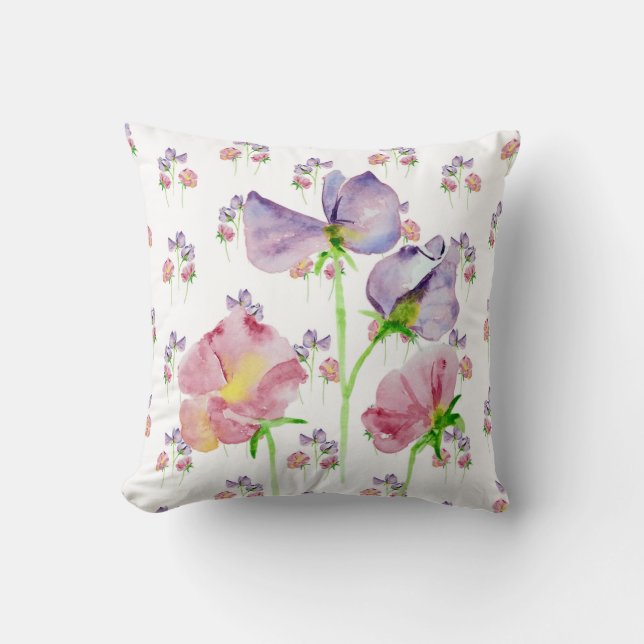 Coussin Aquarelle de pois doux peint à la main (Recto)