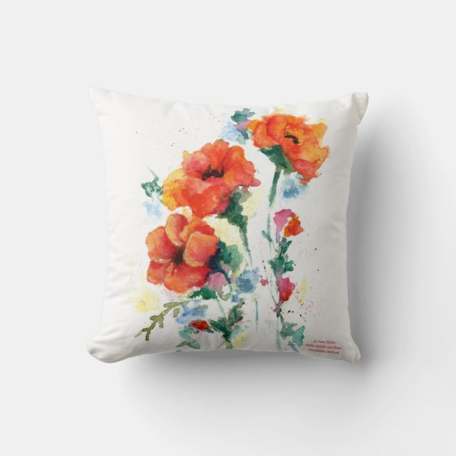 Coussin Aquarelle de trois coquelicots à long tige rouge (Recto)