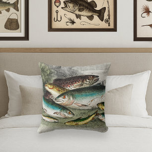Coussin Aquarelle de truite de pêche Vintage du pêcheur de