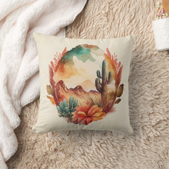 Coussin Aquarelle Désert Cactus et Montagnes (Couverture)