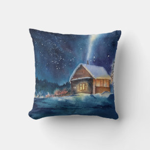 Coussin Aquarelle dessinée à la main paysage d'hiver