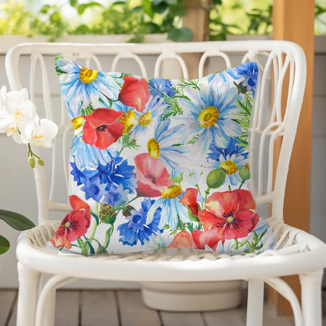 Coussin Aquarelle d'été Floral Bleu Rouge Jaune (Créateur téléchargé)