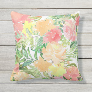 Coussin Aquarelle d'été Pêche botanique Corail Jaune