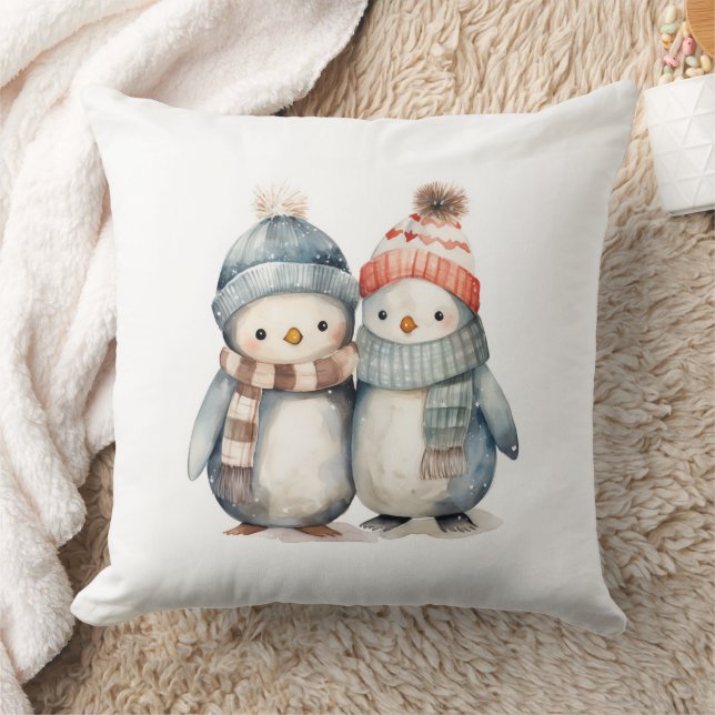 Coussin Aquarelle d'hiver Pingouin Jeu d'oreiller (Couverture)
