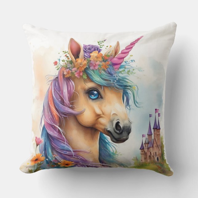 Coussin Aquarelle Dreamy Unicorn avec Château et Fleurs (Recto)