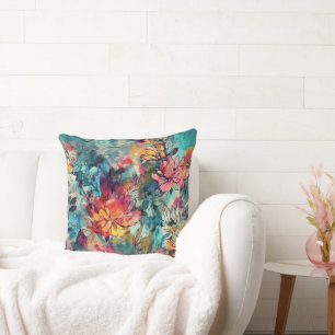 Coussin Aquarelle éclaboussée et fleurs à l'encre