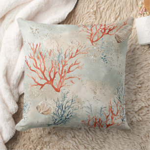 Coussin Aquarelle Élégante Côtière Corail & Vagues Océaniq