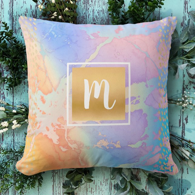 Coussin Aquarelle en marbre rose turquoise monogramme or (Créateur téléchargé)