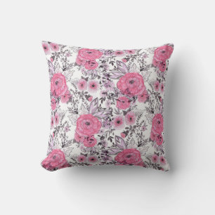 Coussin Aquarelle esquissée fleurs roses clair dossier bla