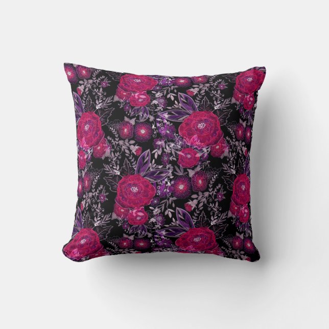 Coussin Aquarelle esquissée fleurs violettes noir foncé do (Recto)