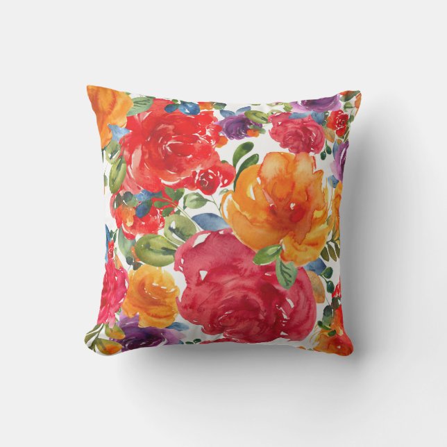 Coussin Aquarelle été gras Floral Rouge Orange violet (Recto)