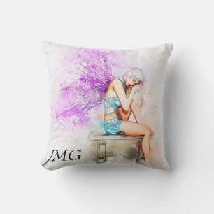 Coussin Aquarelle Fée en bleu avec Monogramme