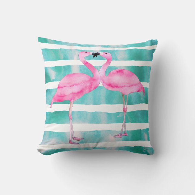 Coussin Aquarelle Flamants roses roses Rayures Turquoise (Recto)