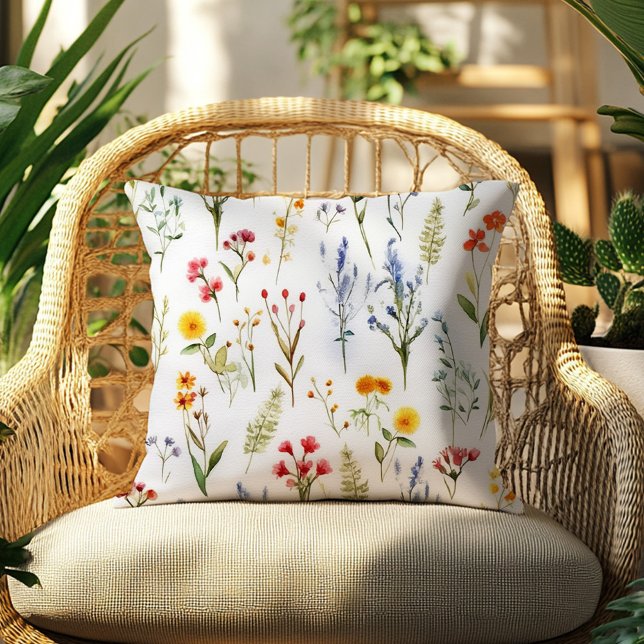 Coussin Aquarelle fleur sauvage Été Floral Botanique (Wildflower Watercolor Summer Floral Botanical Throw Pillow)