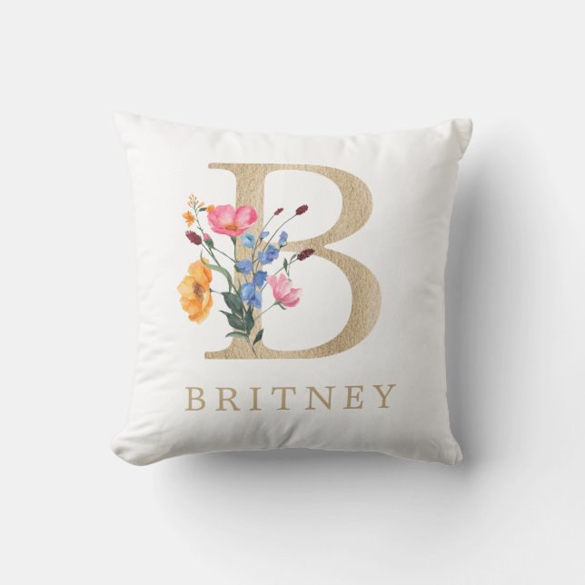 Coussin Aquarelle Fleur sauvage Faux Gold Lettre "B" (Recto)