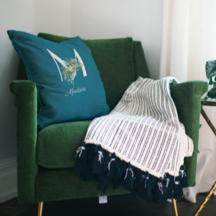 Coussin Aquarelle fleur sauvage monogramme bleu