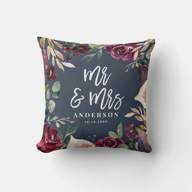 Coussin Aquarelle fleurie + script mariage Mr & Mrs. (Recto)