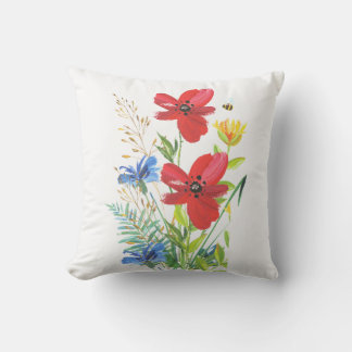 Coussin Aquarelle Fleurs rouges et bleues sur un blanc