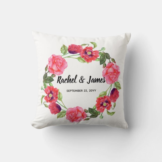 Coussin Aquarelle Fleurs rouges et roses Cercle de couronn (Recto)