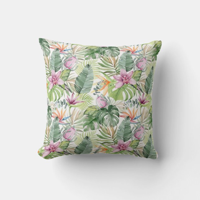 Coussin Aquarelle Fleurs tropicales et Feuilles (Recto)