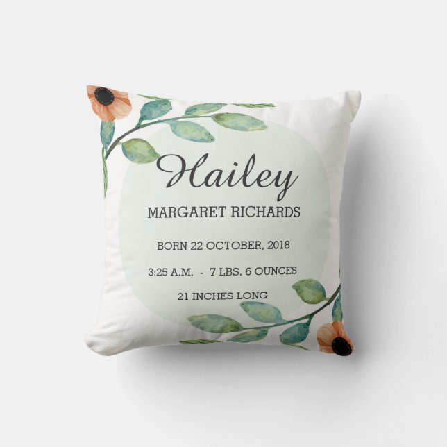 Coussin Aquarelle Floral Faire-part de statistiques de nai (Recto)