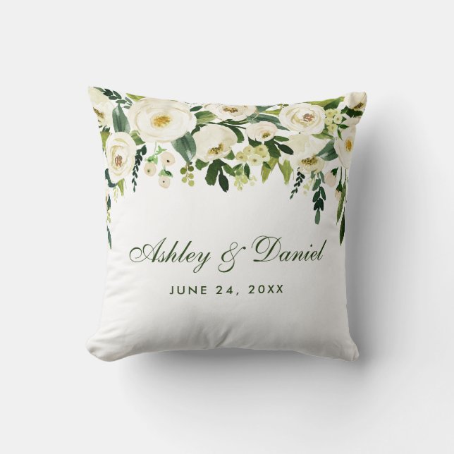 Coussin Aquarelle Floral Vert Mariage blanc (Recto)