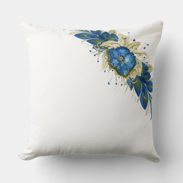 Coussin Aquarelle florale de couronne bleu peinte à la mai (Recto)