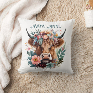 Coussin Aquarelle florale de la vache de Highland
