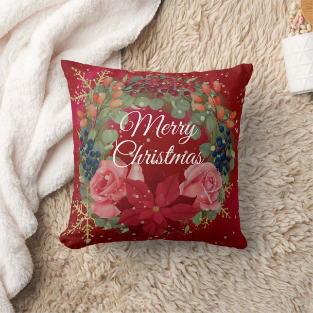 Coussin Aquarelle florale de Noël couronne poinsettia roug (Couverture)
