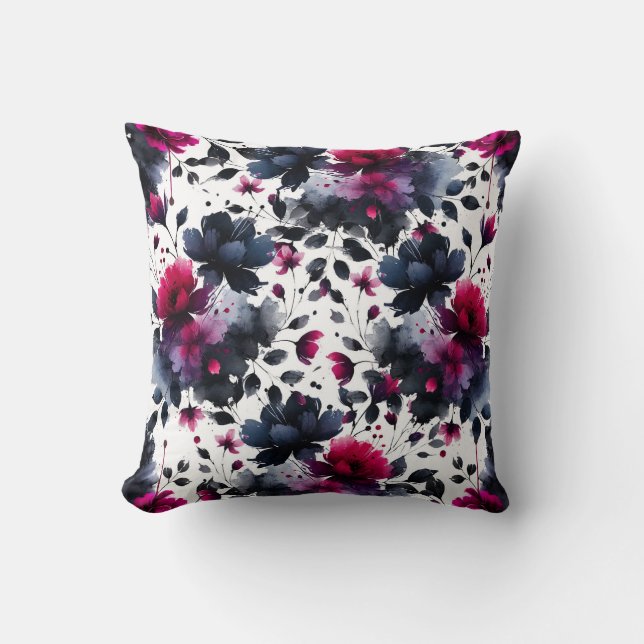 Coussin Aquarelle florale magenta rose et bleu épais (Recto)