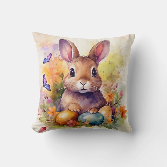 Coussin Aquarelle florale mignonne lapin de Pâques (Recto)