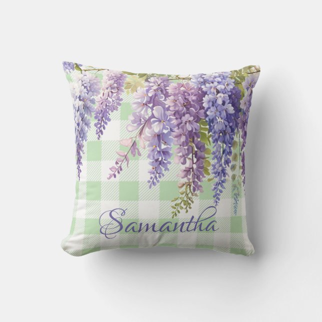 Coussin Aquarelle glycine floral vert blanc chèque (Recto)