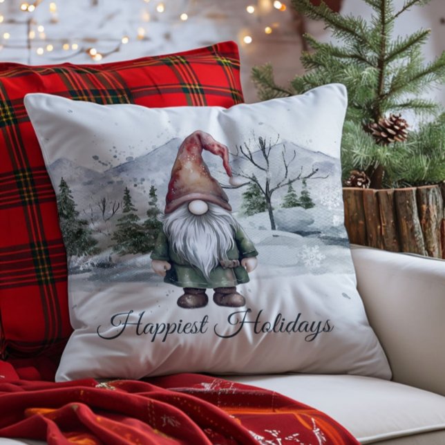 Coussin Aquarelle Gnome (Watercolor Holiday Gnome Throw Pillow)