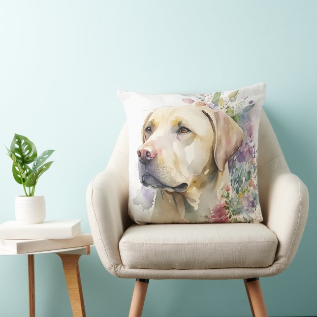 Coussin Aquarelle Golden Labrador Retriever et Fleurs (Chaise)