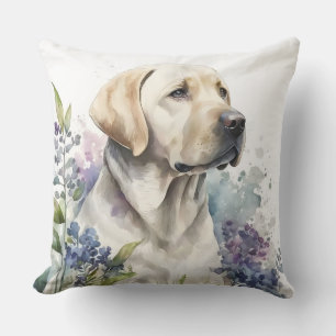 Coussin Aquarelle Golden Labrador Retriever et Fleurs