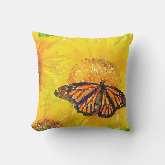 Coussin Aquarelle Grand Tournesol jaune et Papillon (Recto)