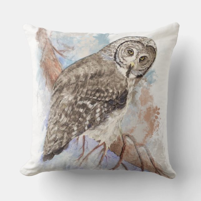Coussin Aquarelle Grande Chouette gris Oiseau Nature Art (Recto)
