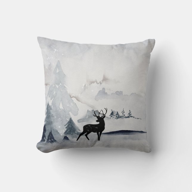 Coussin Aquarelle gris rustique de rennes d'hiver (Recto)