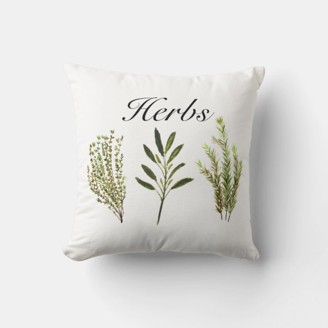 Coussin Aquarelle Herbes Thyme Rosemary Sage Plante Pot (Recto)