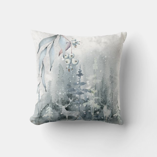 Coussin Aquarelle Hiver Cerf Scène Baies d'hiver Baies bla (Recto)