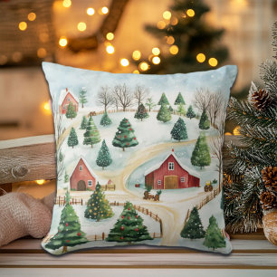 Coussin Aquarelle Hiver Paysage rustique avec Fir Trees