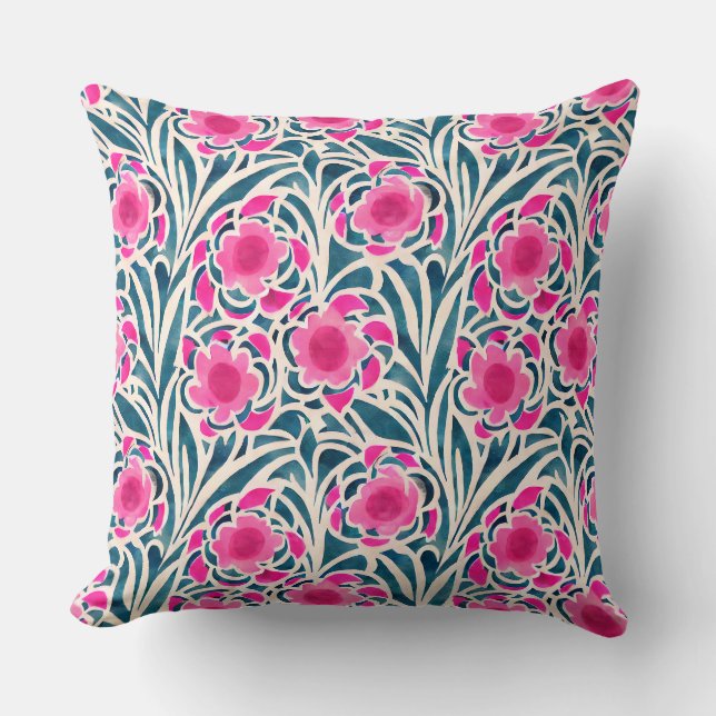 Coussin Aquarelle inspirée rose + bleu Botanique Floral (Recto)