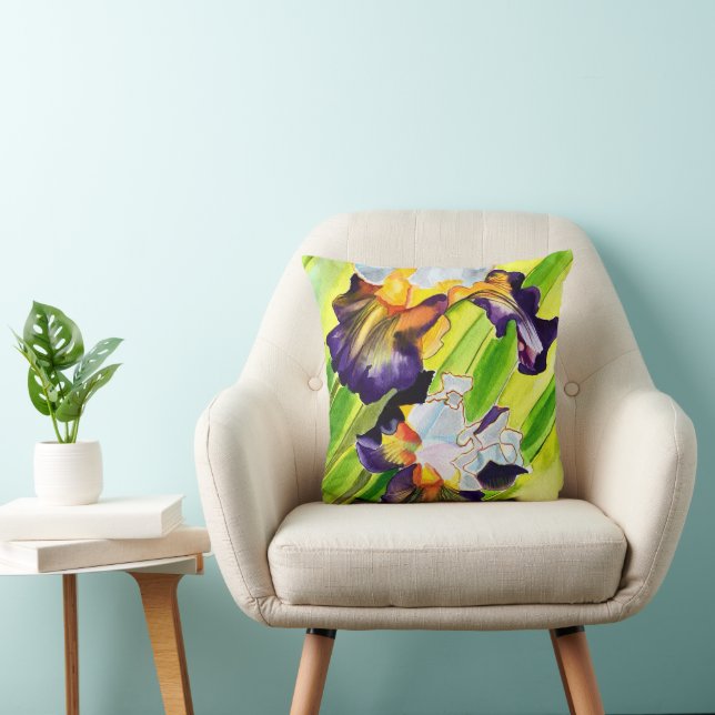 Coussin Aquarelle iris fleuri vert pourpre (Chaise)