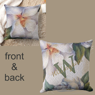 Coussin Aquarelle ivoire Magnolia Nom Monogramme